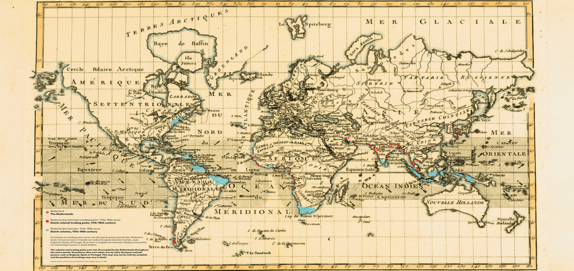 Wereldkaart uit ca. 1760 met Nederland (oranje) en de Nederlandse kolonieën (blauw) en handelsposten (rood) van de 17de-19de eeuw. (Kaart: Getty Images)