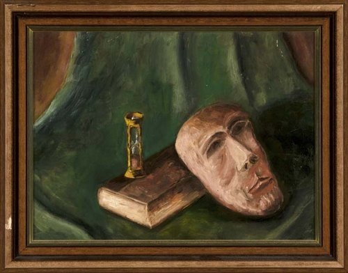 Boek, zandloper en masker