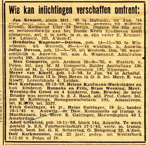 "Om meer te weten te komen over Vati en Heinz plaatsten we op 25 september 1945 een advertentie in Het Parool."