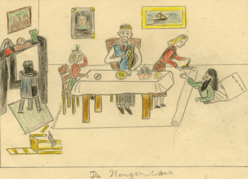 De hongerwinter tekening van Tineke met de onderduiker.