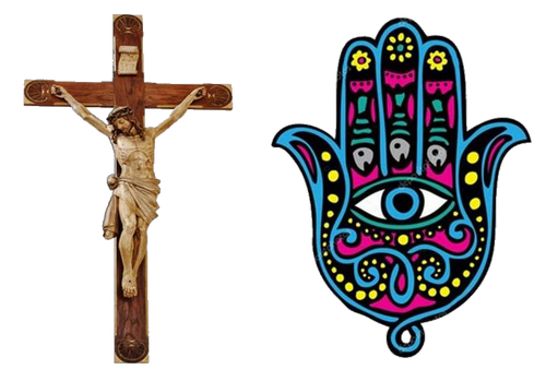 Een Christelijk kruis en een islamitische hand van Fatima.