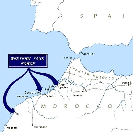 Kaart van de geallieerde invasie in Marokko (bron: Wikipedia).