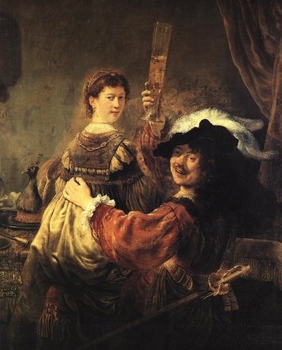 De hoofdpersonages uit de Rembrandtopera 'De nachtwacht: Rembandrt van Rijn en zijn vrouw Saskia van Uylenburgh. Hier afgebeeld op het schilderij 'Verloren zoon in een herberg'.