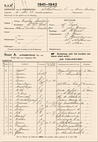 Ledenlijst Wilhelmina Vooruit voor het seizoen 1941-1942. Na de oorlog heeft de secretaris kruisjes gezet voor de namen van de leden die de oorlog niet hebben overleefd.